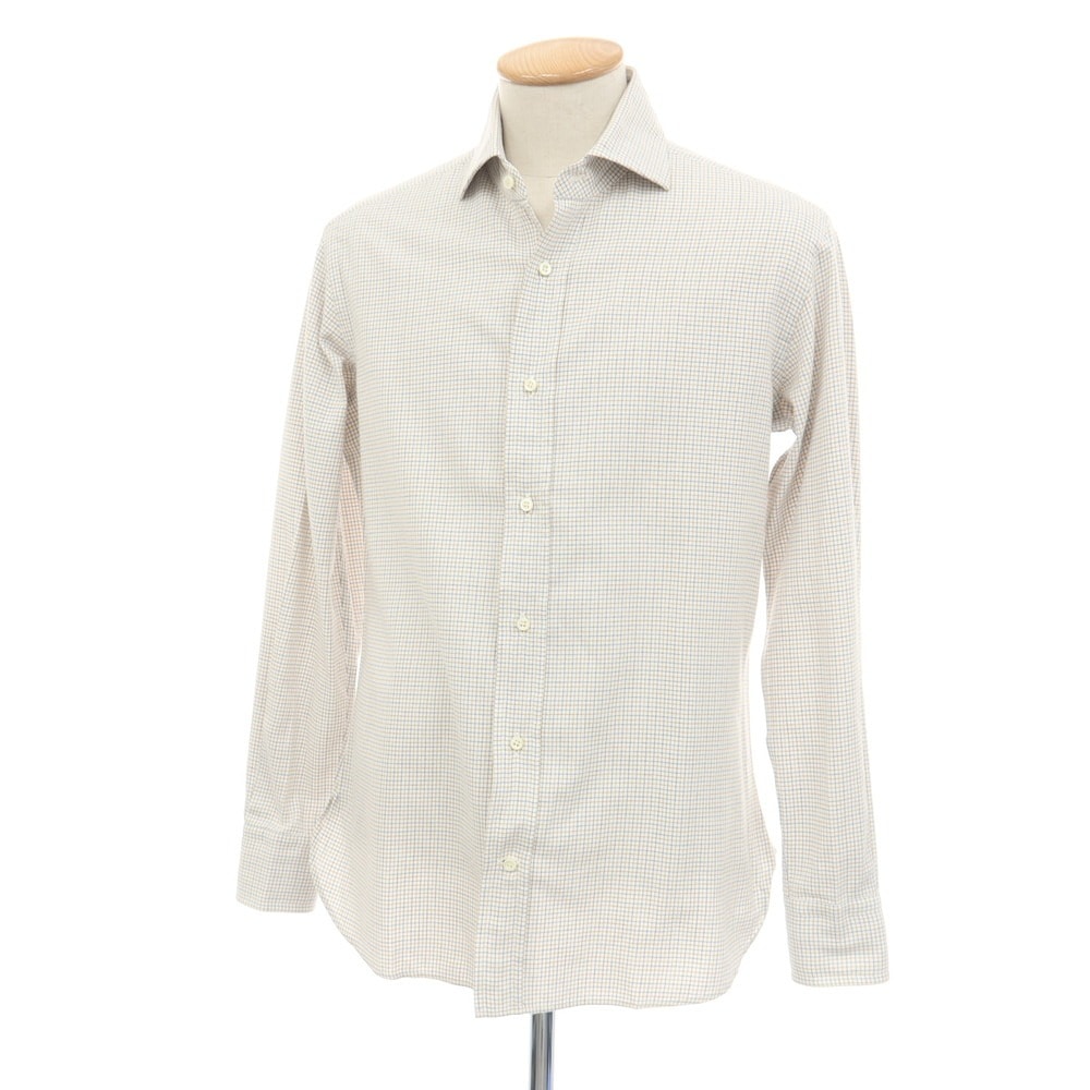 【中古】ビームスエフ BEAMS F コットン チェック セミワイドカラー ドレスシャツ ホワイトxベージュ【サイズ38】【メンズ】