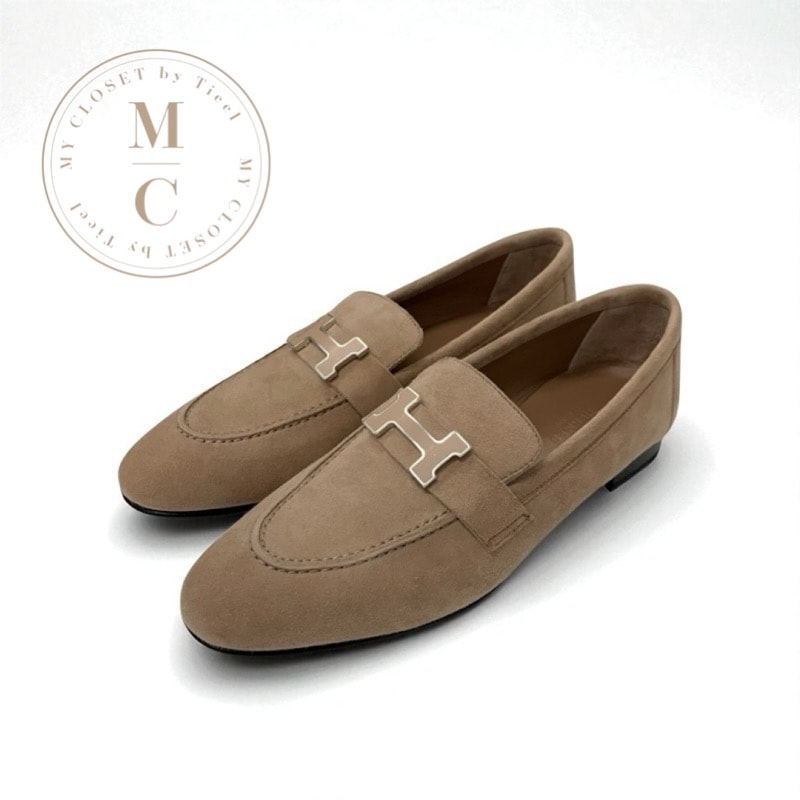 エルメス HERMES パリ ローファー 革靴 靴 シューズ スエード ベージュ系 未使用 H金具 モカシン フラットシューズ