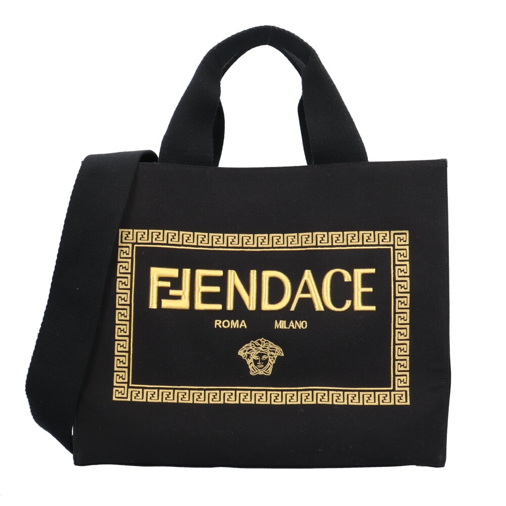 フェンディ FENDACE ショッパーバッグ ミディアム トートバッグ キャンバス 8BH395 ブラック メンズ FENDI 中古