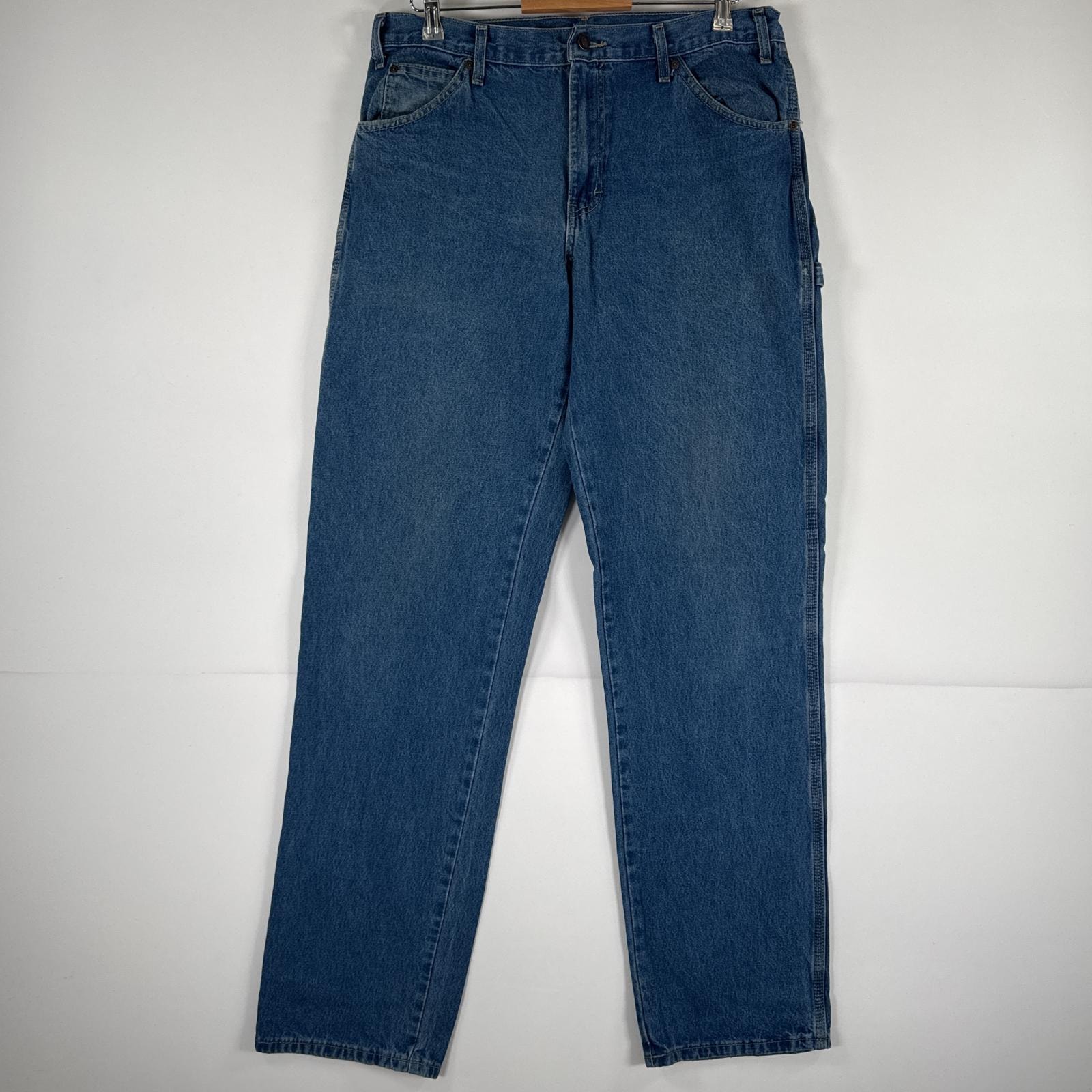 古着 ディッキーズ Dickies デニムパンツ ジーパン ワンポイント ロゴ ワークパンツ ペインターパンツ ロング w34 L38 ブルー メンズ