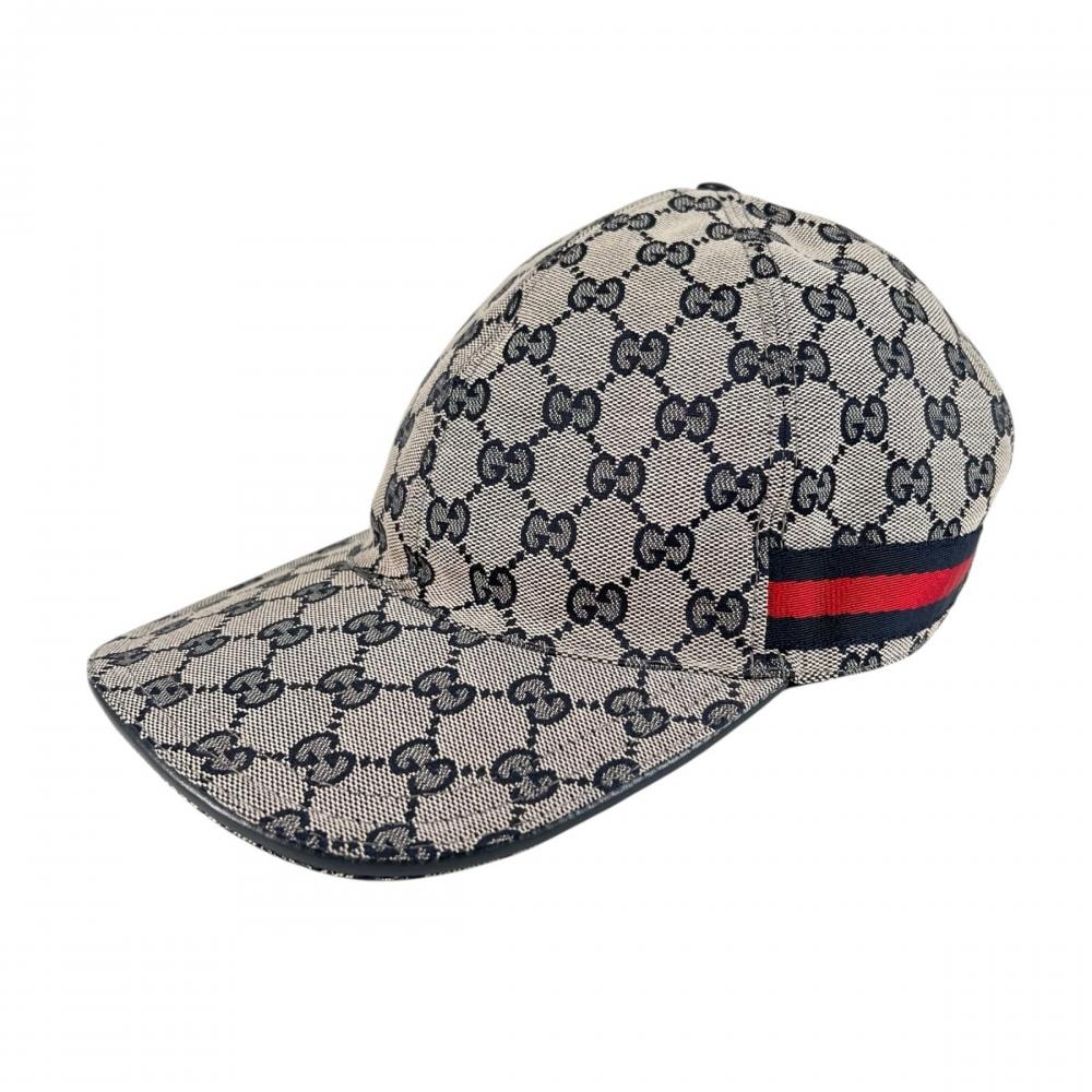 GUCCI グッチ キャップ ウェブストライプ モノグラム ベースボールキャップ XLサイズ 200035 KQW6G GGキャンバス    ネイビー 紺 ベージュ メンズ 約105g【中古品】