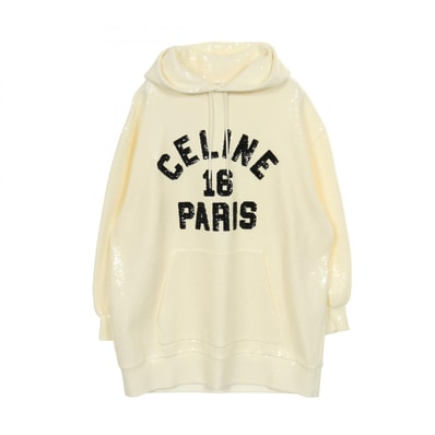 セリーヌ CELINE スパンコール ロゴ フーディ パーカー 衣料品 トップス コットン メンズ ホワイト系 / ブラック系 【中古】