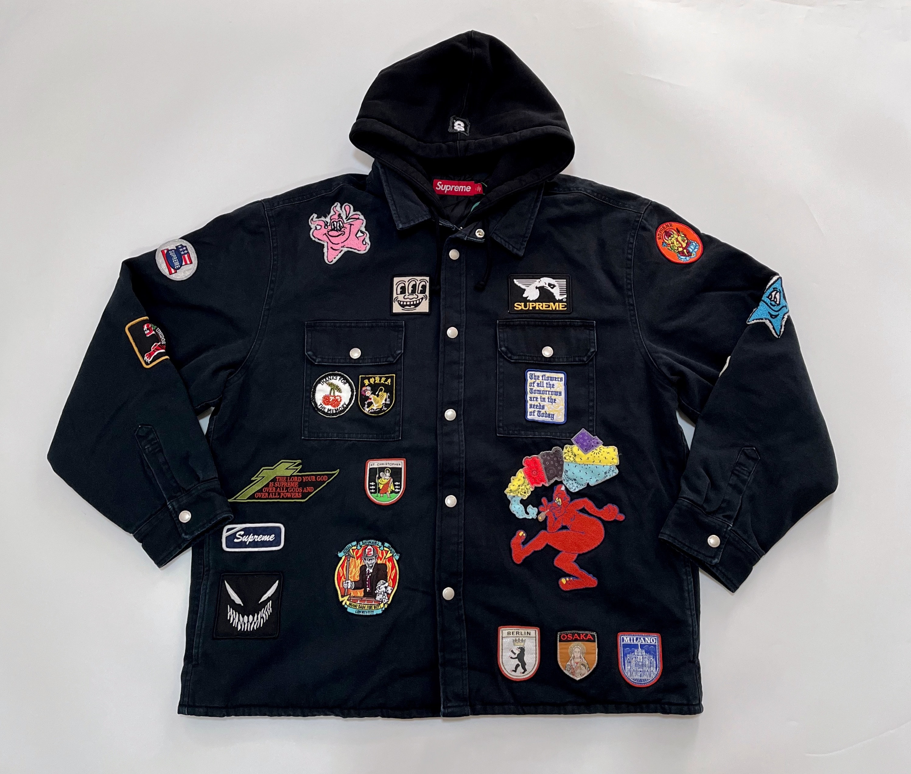 Supreme Patches Hooded Zip Up Shirt "Black"