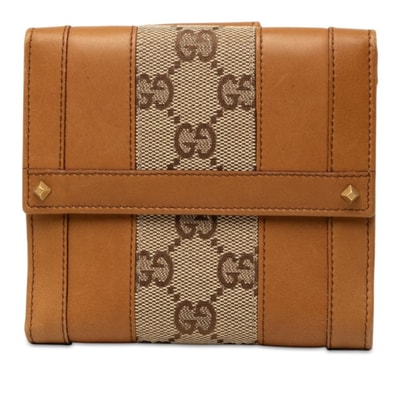 グッチ GGキャンバス Wホック 二つ折り財布 120927 ベージュ ブラウン レザー キャンバス レディース GUCCI 中古