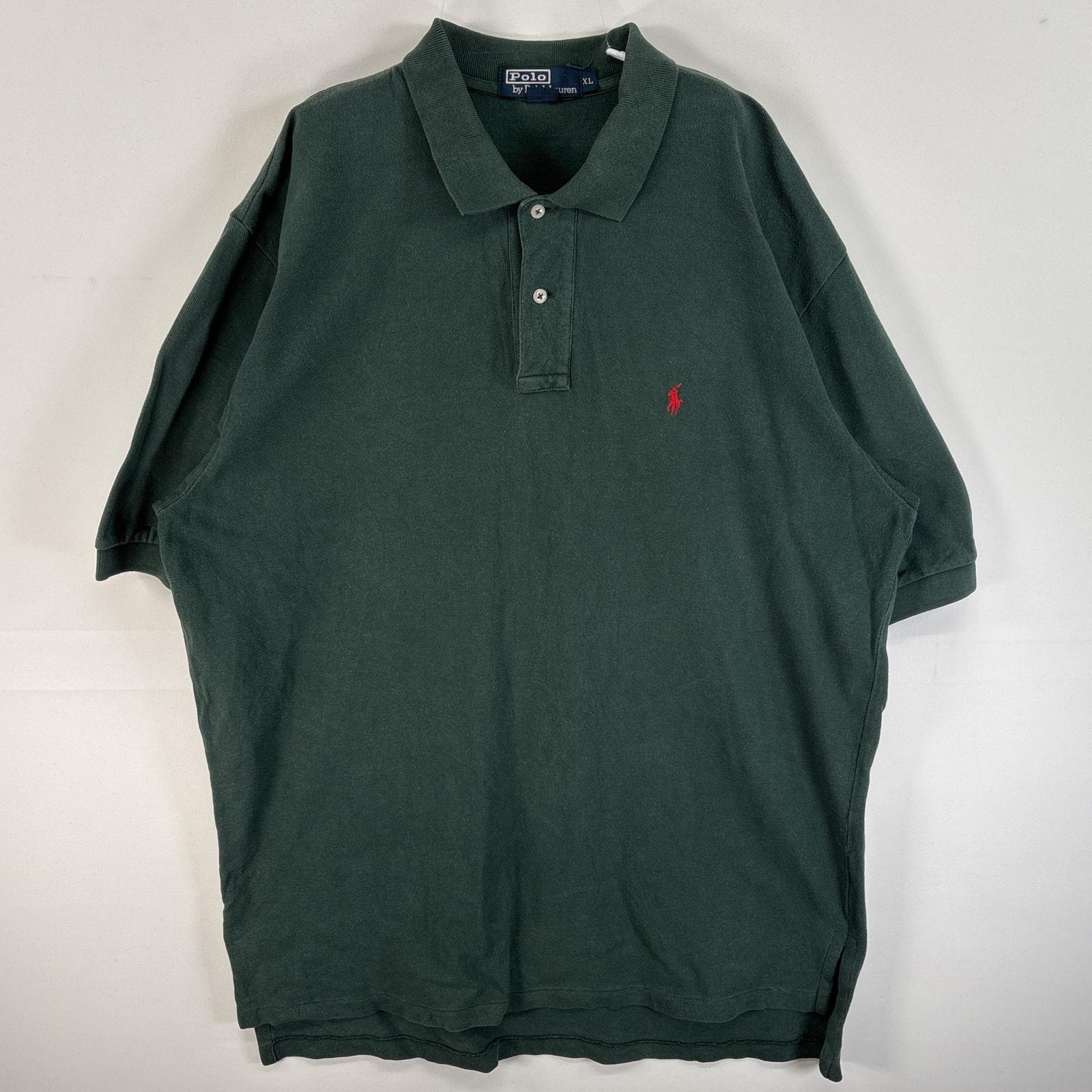 古着 90's/90年代 ポロバイラルフローレン Polo by Ralph Lauren 鹿の子 半袖 ポロシャツ ワンポイント ロゴ 刺繍 大きいサイズ 2ボタン XL  グリーン系 無地 メンズ