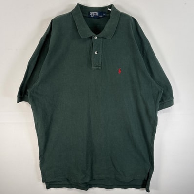 古着 90's/90年代 ポロバイラルフローレン Polo by Ralph Lauren 鹿の子 半袖 ポロシャツ ワンポイント ロゴ 刺繍 大きいサイズ 2ボタン XL グリーン系 無地 メンズ