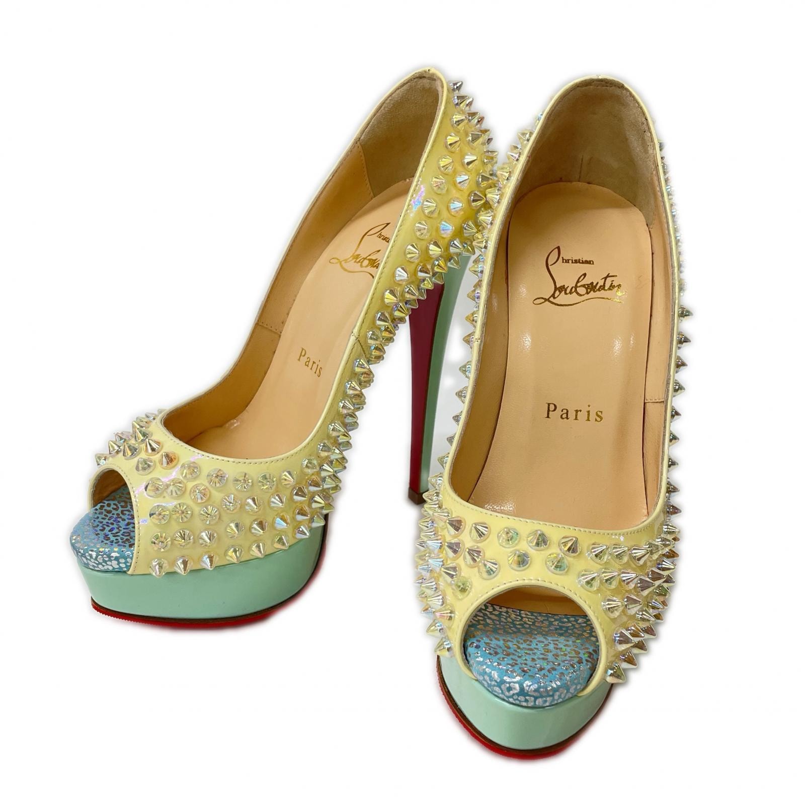 クリスチャンルブタン 【美品】LADY PEEP SPIKES パテントレザー スタッズ ヒールパンプス 34.5