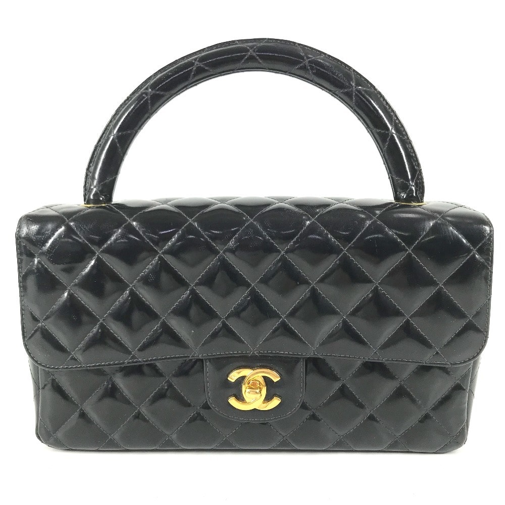 シャネル CHANEL トップハンドル マトラッセ キルティング CC ココマーク ロゴ ヴィンテージ カバン フラップ ハンドバッグ エナメル ブラック