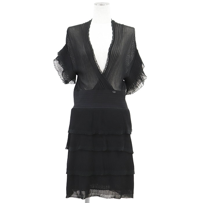 【美品】CHANEL シャネル ワンピース サイズ 42 レディース 07P P30389 リブニット × チュール プリーツ ティアード フリル カシュクール Vネック COCOマークチャーム 半袖 ドレス ブラック 黒 フランス製 カール・ラガーフェルド期