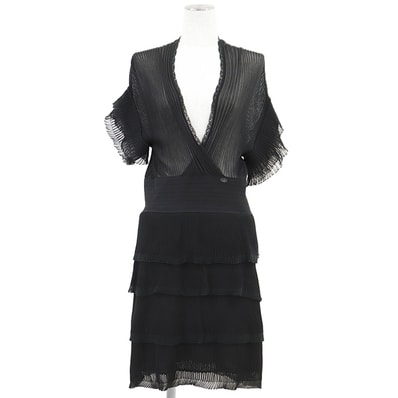 【美品】CHANEL シャネル ワンピース サイズ 42 レディース 07P P30389 リブニット × チュール プリーツ ティアード フリル カシュクール Vネック COCOマークチャーム 半袖 ドレス ブラック 黒 フランス製 カール・ラガーフェルド期