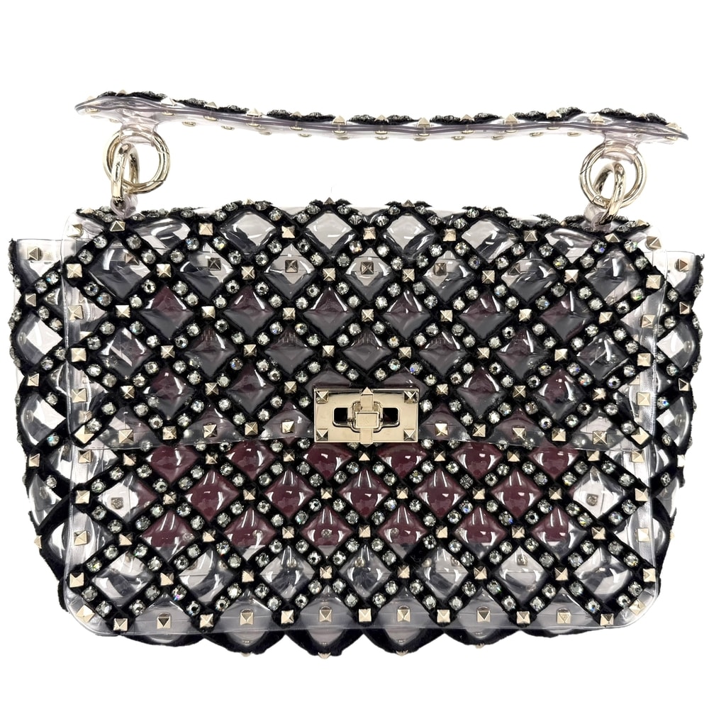 Valentino Garavani ヴァレンティノ・ガラヴァーニ ハンドバッグ ロックスタッズ PVC  ベロア   クリア ブラック 黒 ゴールド金具 レディース【中古品】