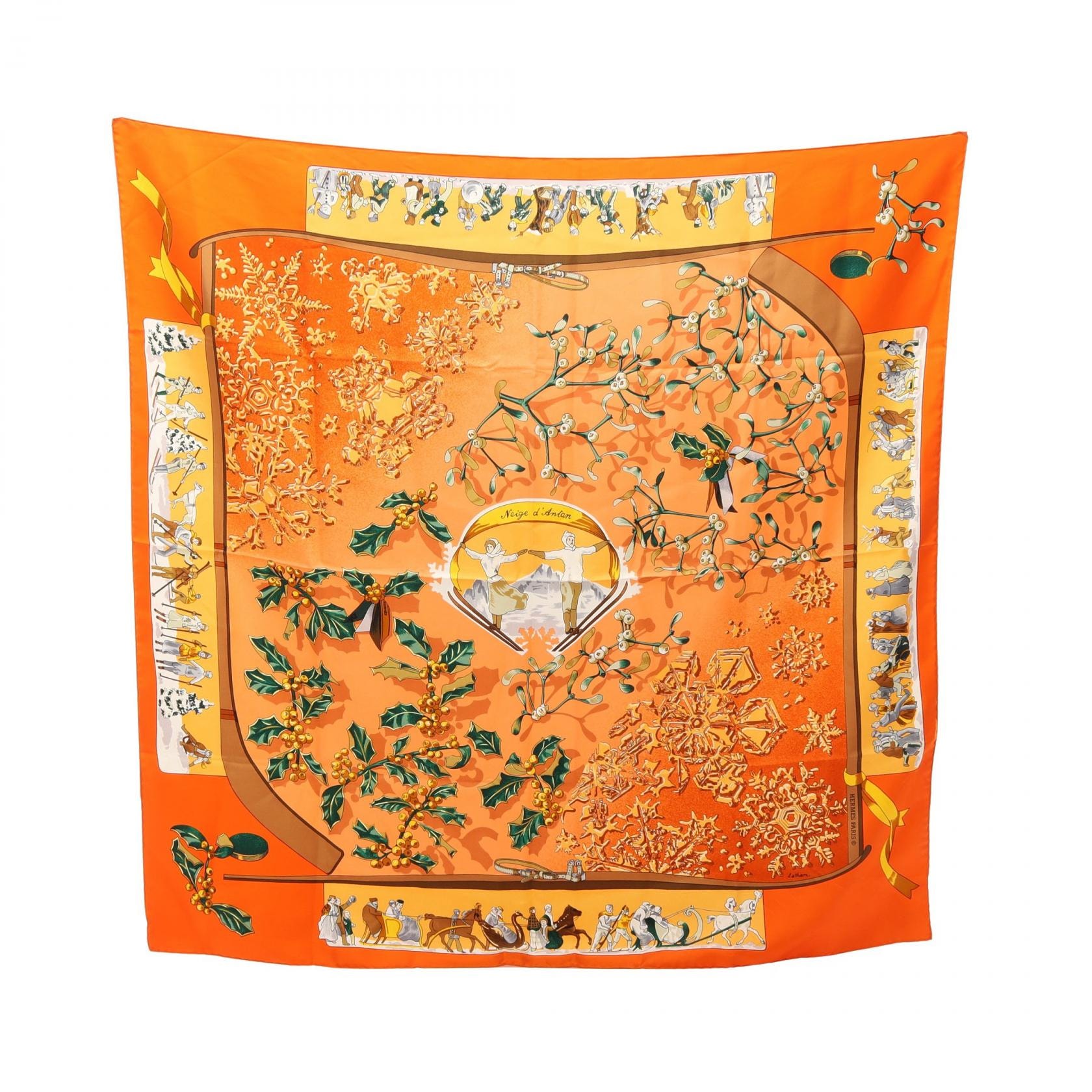 エルメス HERMES カレ90 neige d’antan スカーフ 衣料品 シルク シルク オレンジ レディース オレンジ系 / マルチカラー 【中古】