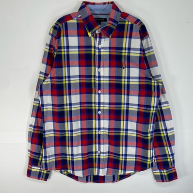 古着 トミーヒルフィガー TOMMY HILFIGER 長袖シャツ ロゴ 刺繍 ボタンダウン S マルチカラー チェック メンズ