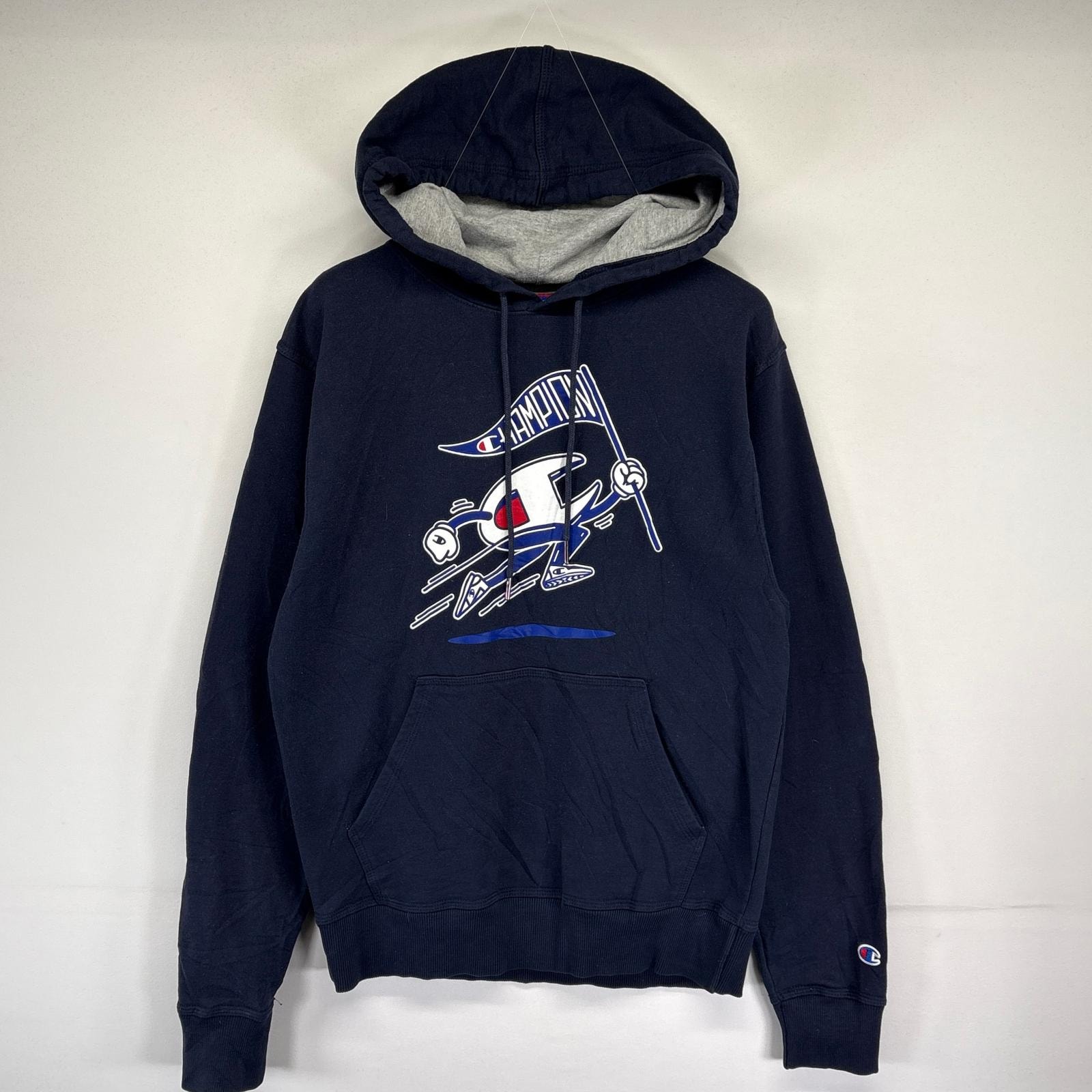 古着 チャンピオン Champion パーカー プルオーバー スウェット プリントロゴデザイン フーディ S ネイビー メンズ