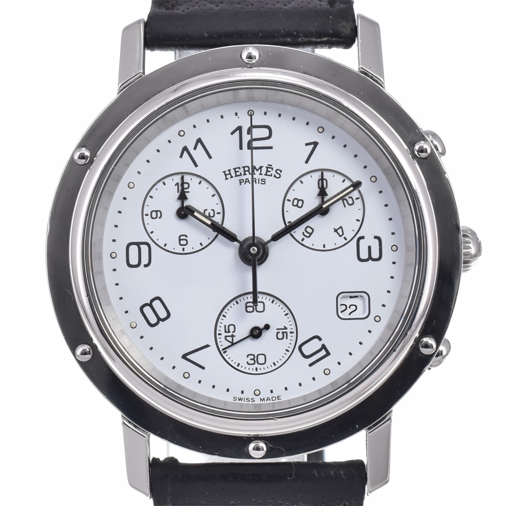ベルト訳あり エルメス HERMES CL1.910 クリッパー クロノグラフ ホワイト クォーツ メンズ 内箱付き 腕時計 J#147968