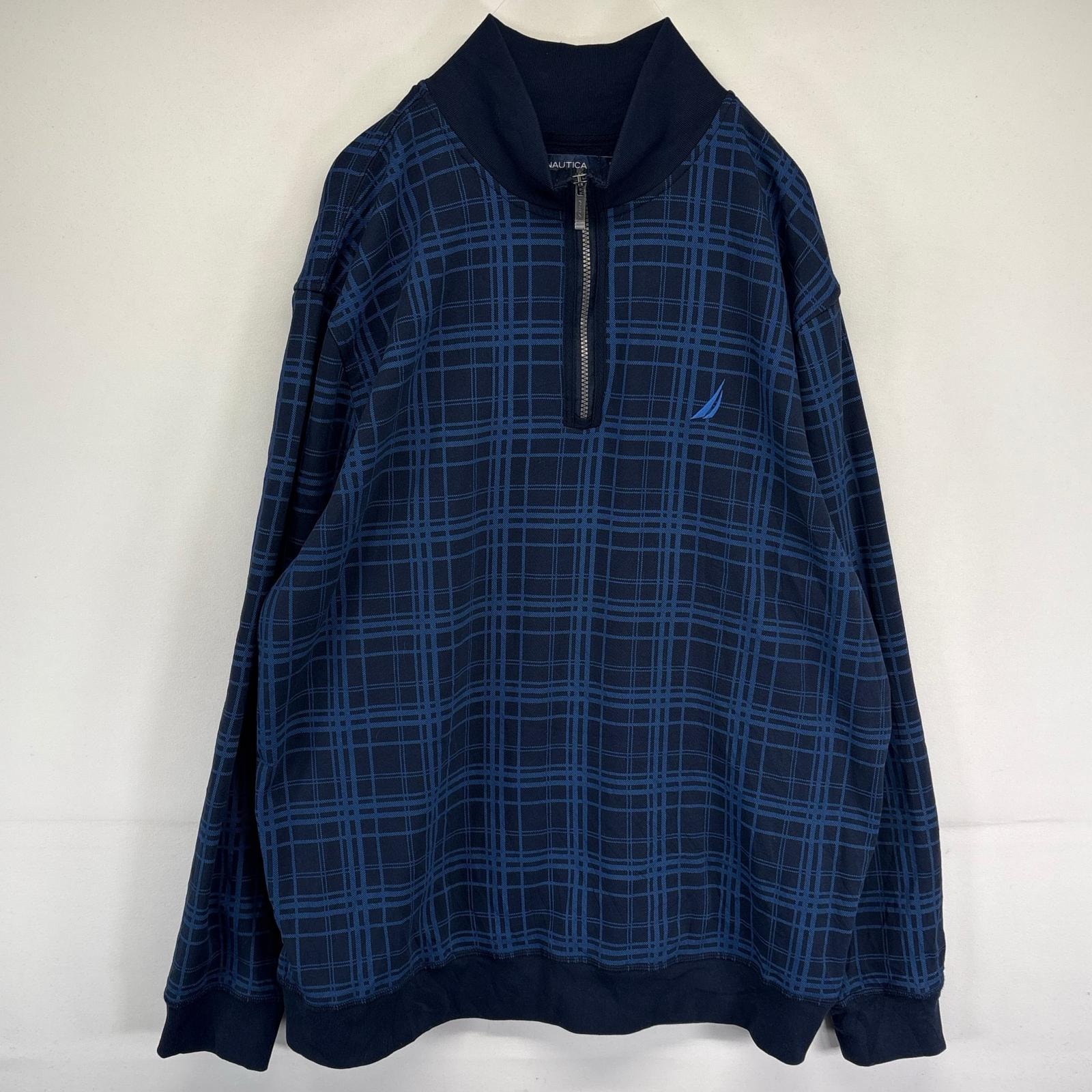 古着 ノーティカ NAUTICA スウェット ハーフジップ トレーナー 大きいサイズ チェック ワンポイントロゴ 2XL  ブルー系 メンズ
