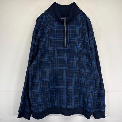 古着 ノーティカ NAUTICA スウェット ハーフジップ トレーナー 大きいサイズ チェック ワンポイントロゴ 2XL ブルー系 メンズ