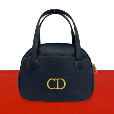 Christian Dior ディオール CD ロゴ 金具 レザー ハンドバッグ ネイビー
b72-4