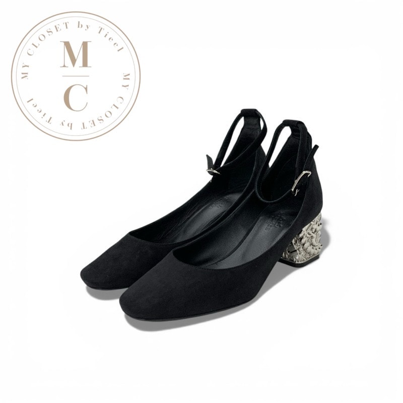 エルメス HERMES ガーリー パンプス 靴 シューズ スエード ブラック 黒 シルバー シェーヌダンクル ストラップ メタルヒール