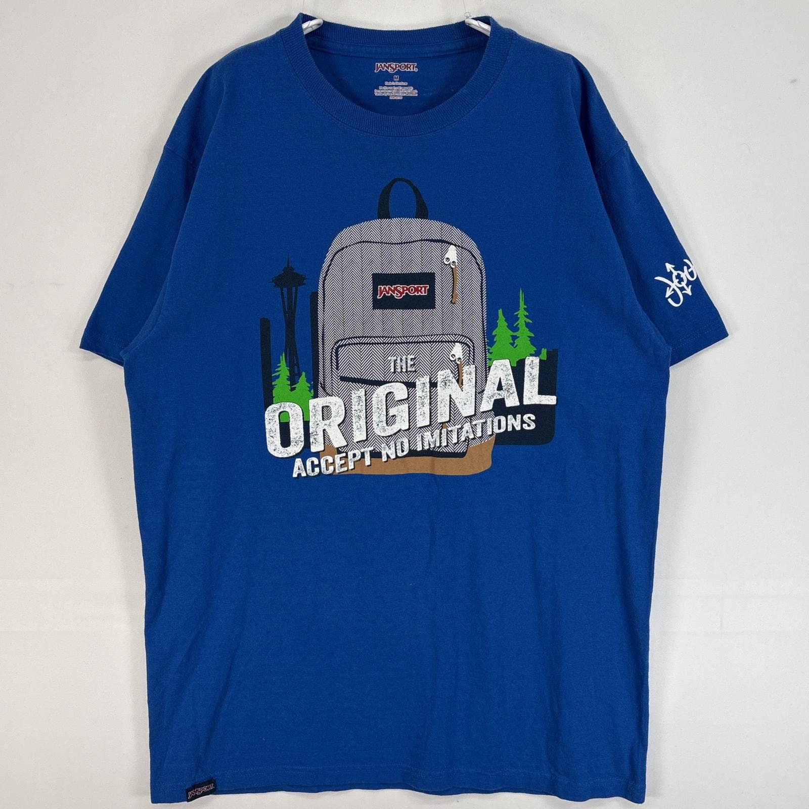 古着 ジャンスポーツ JANSPORT 半袖Tシャツ プリント リュック クルーネック 肉厚 M  ブルー メンズ