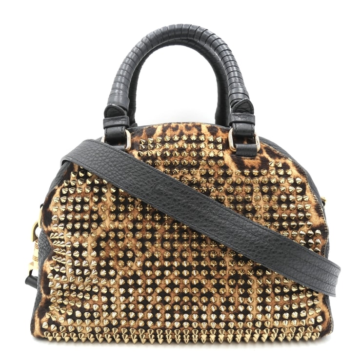 Christian Louboutin(クリスチャン・ルブタン)パネトーネ 2WAYハンドバッグ ショルダーバッグ レオパード ハラコ スパイクスタッズ ブラック レザー ゴールド金具 レディース【中古】