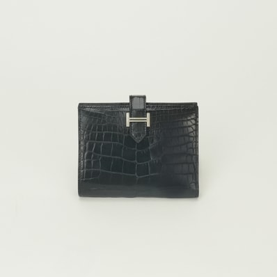 エルメス HERMES ベアンコンパクト ベアン コンパクト 財布 二つ折り財布 ミニ財布 ミニウォレット アリゲーター クロコダイル ノワール Noir ブラック Black 黒 シルバー金具 コンパクト財布