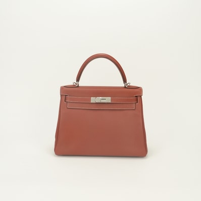 エルメス HERMES ケリー28 ヴェルソ バッグ トートバッグ エプソン ブリック Brique フー Feu レッド Red オレンジ Orange 赤 シルバー金具 ハンドバッグ バイカラー ヴォーエプソン 新型金具 V字金具