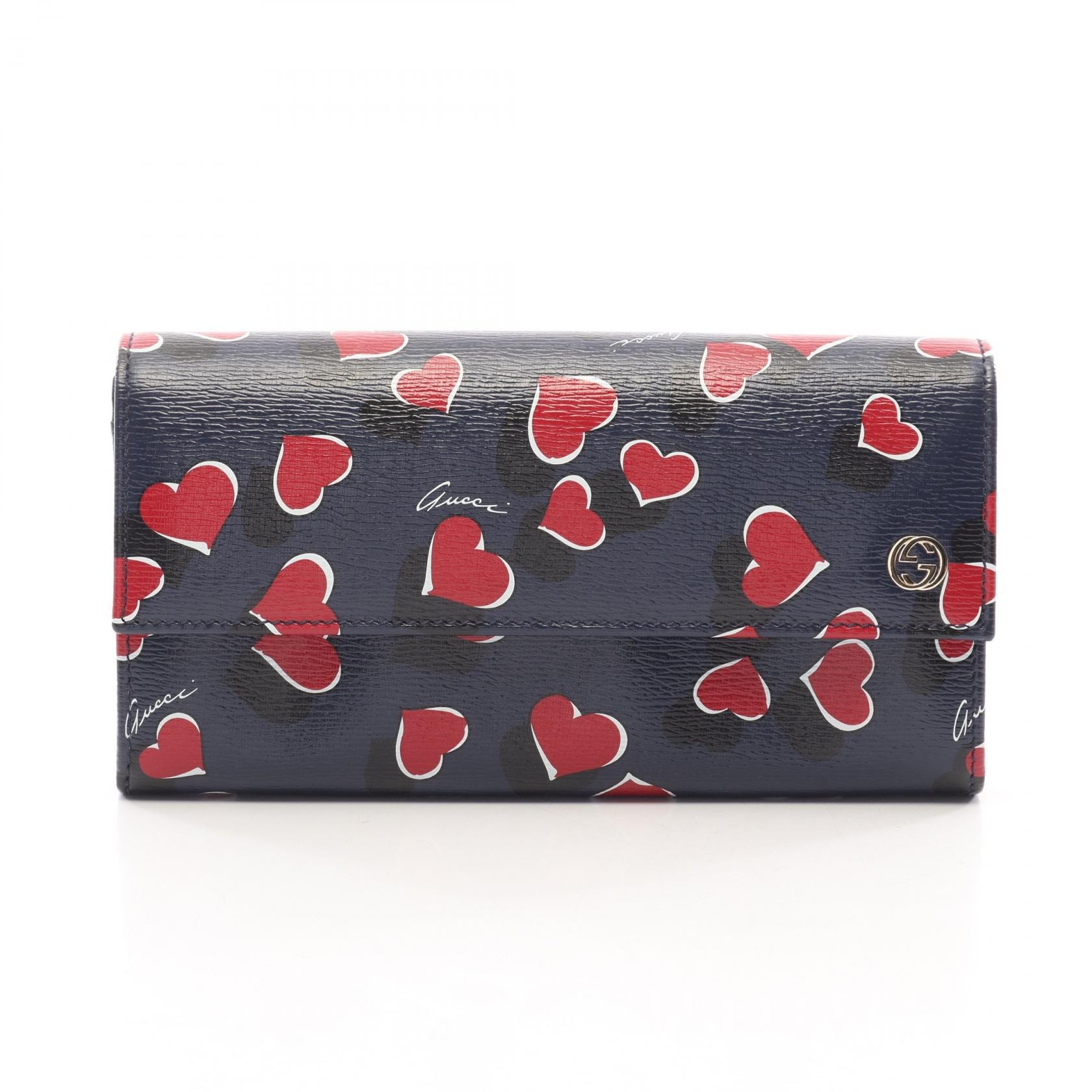 グッチ GUCCI インターロッキングG ハートビート 二つ折り長財布 財布 レザー レディース ネイビー系 / レッド系 / ホワイト系 309702 【中古】