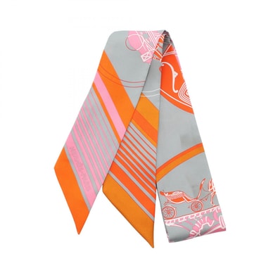 エルメス HERMES ツイリー EX-LIBRIS リボン スカーフ 衣料品 シルク シルク オレンジ レディース グレー系 / オレンジ系 / ピンク系 【中古】