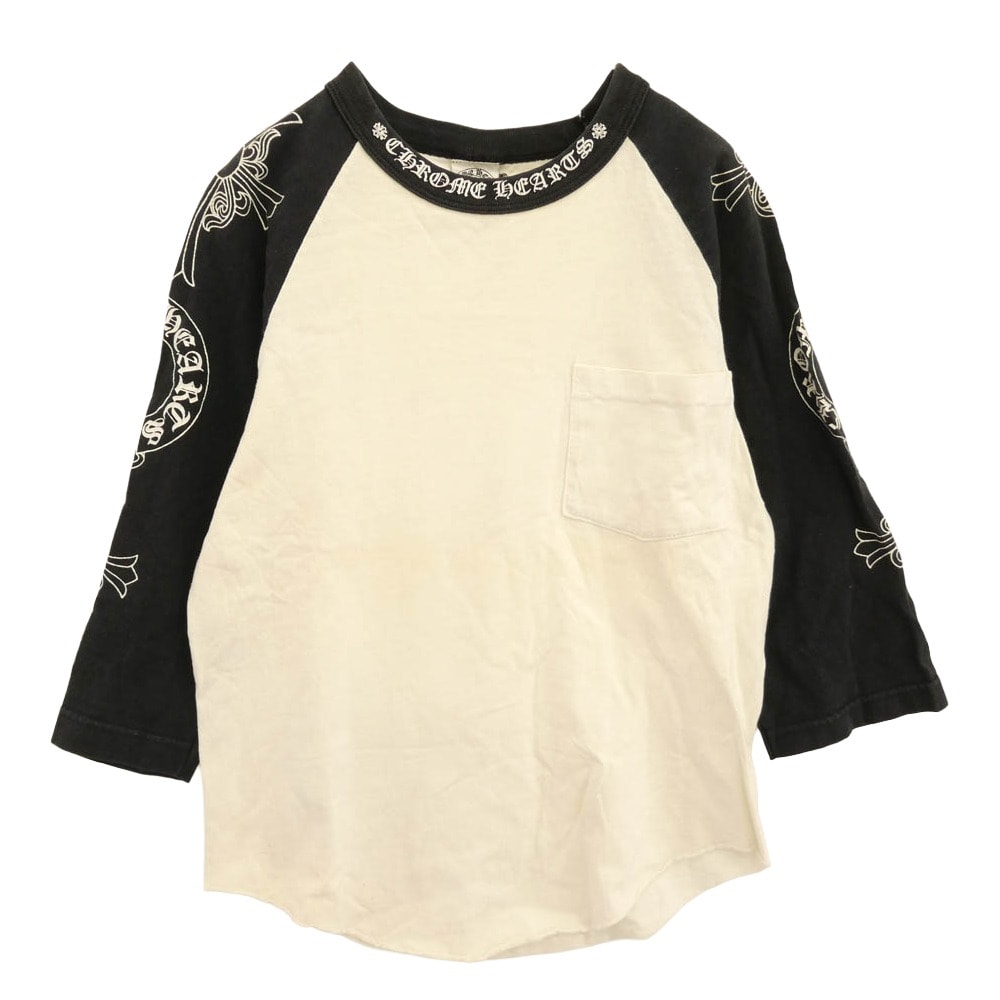 CHROME HEARTS クロムハーツ（原本無） Ｔシャツ オールド ネックロゴ 袖マルチプリント 七分丈 ラグラン 長袖 Tシャツ ホワイト系 ブラック系 S【中古】
