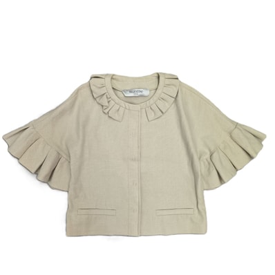 VALENTINO ヴァレンティノ フリル フレアスリーブ 5分袖 ヘンプ ノーカラージャケット 40 ベージュ レディース【中古】