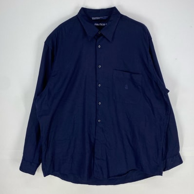古着 90's/90年代 ノーティカ NAUTICA 長袖シャツ ワンポイント ポケット ロゴ刺繍 ロングスリーブ XL ネイビー系 メンズ