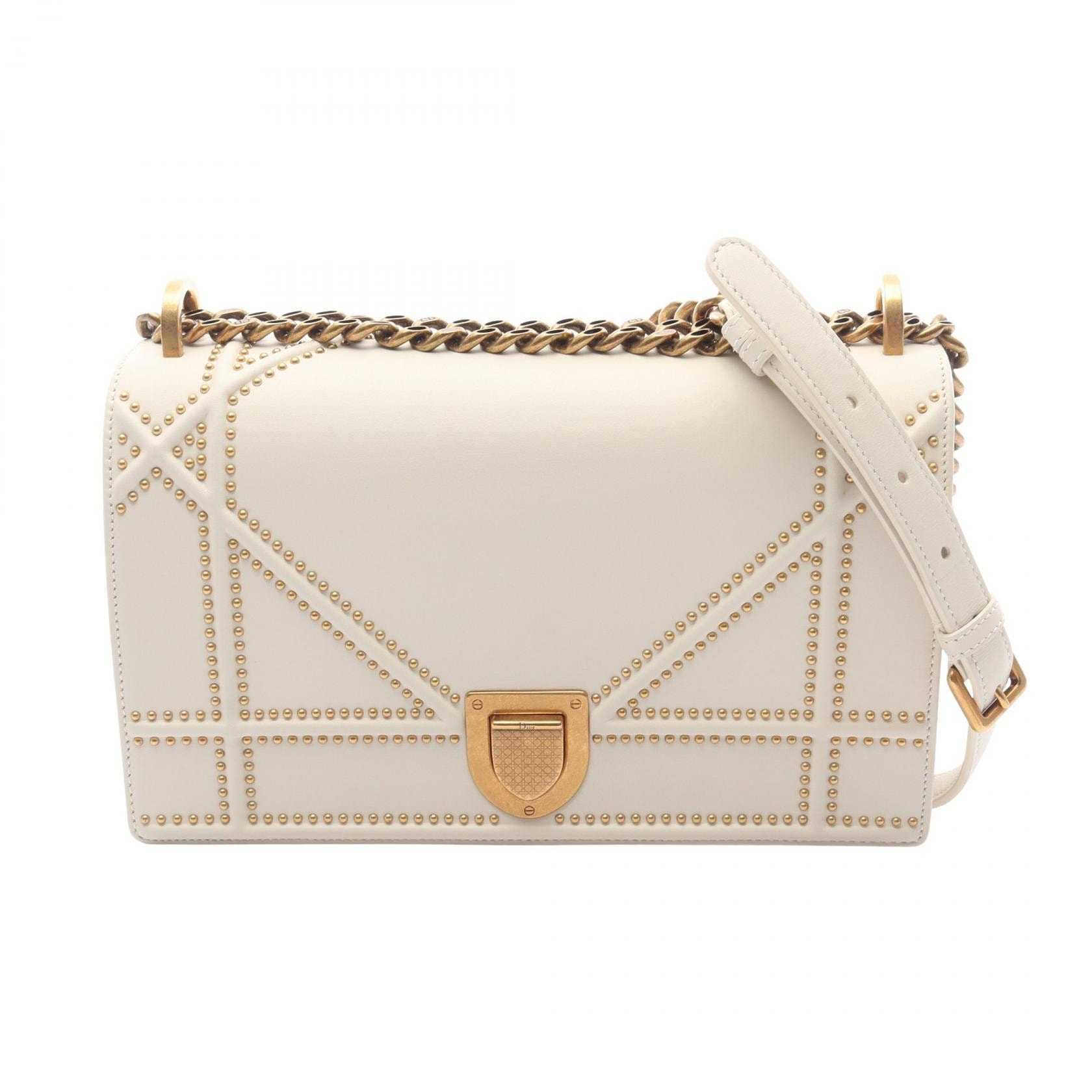 ディオール Dior DIORAMA ディオラマ スタッズ ショルダーバッグ バッグ レザー レディース アイボリー系 【中古】