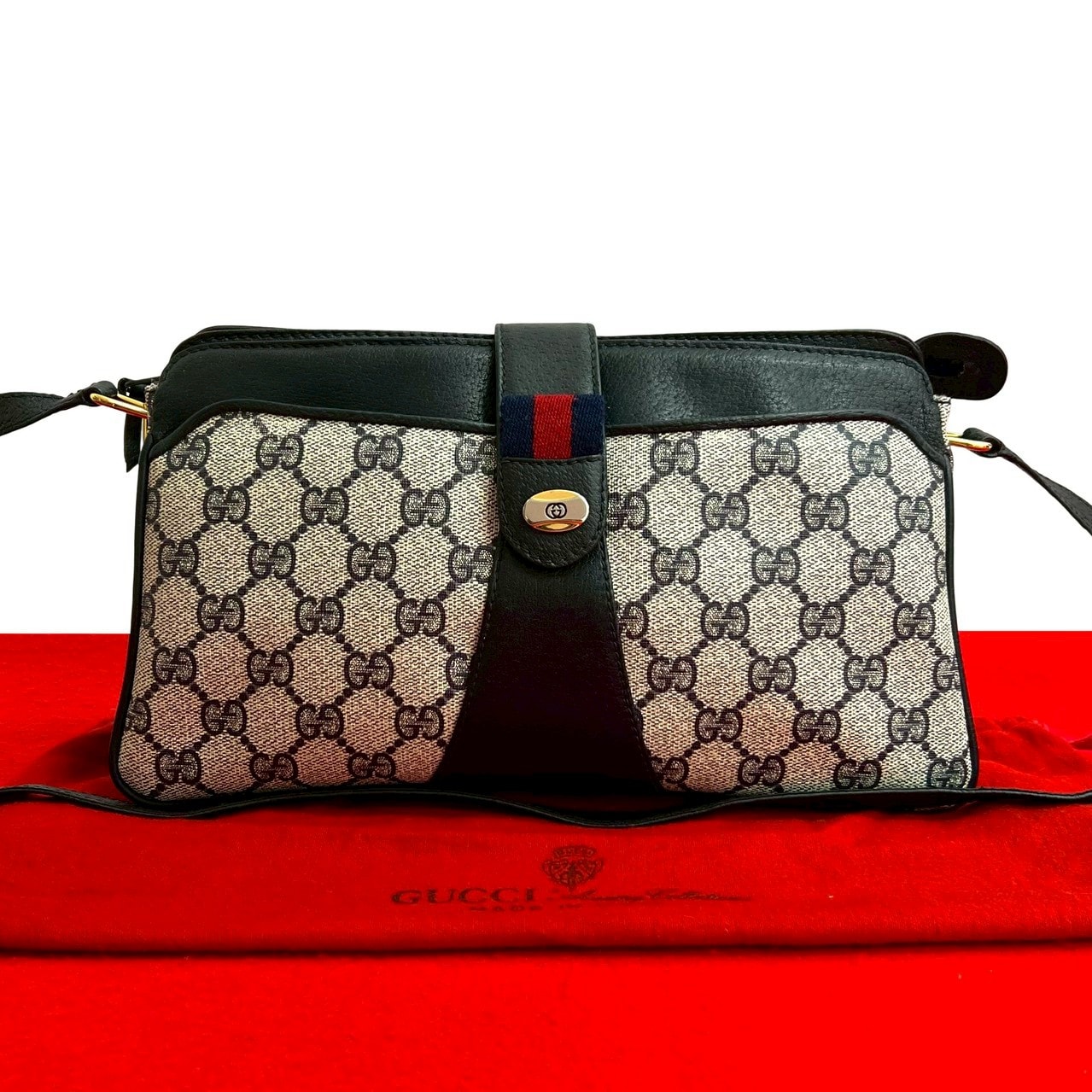 GUCCI グッチ シェリーライン GG ロゴ 金具 レザー PVC ショルダーバッグ ネイビー
 h33-2
