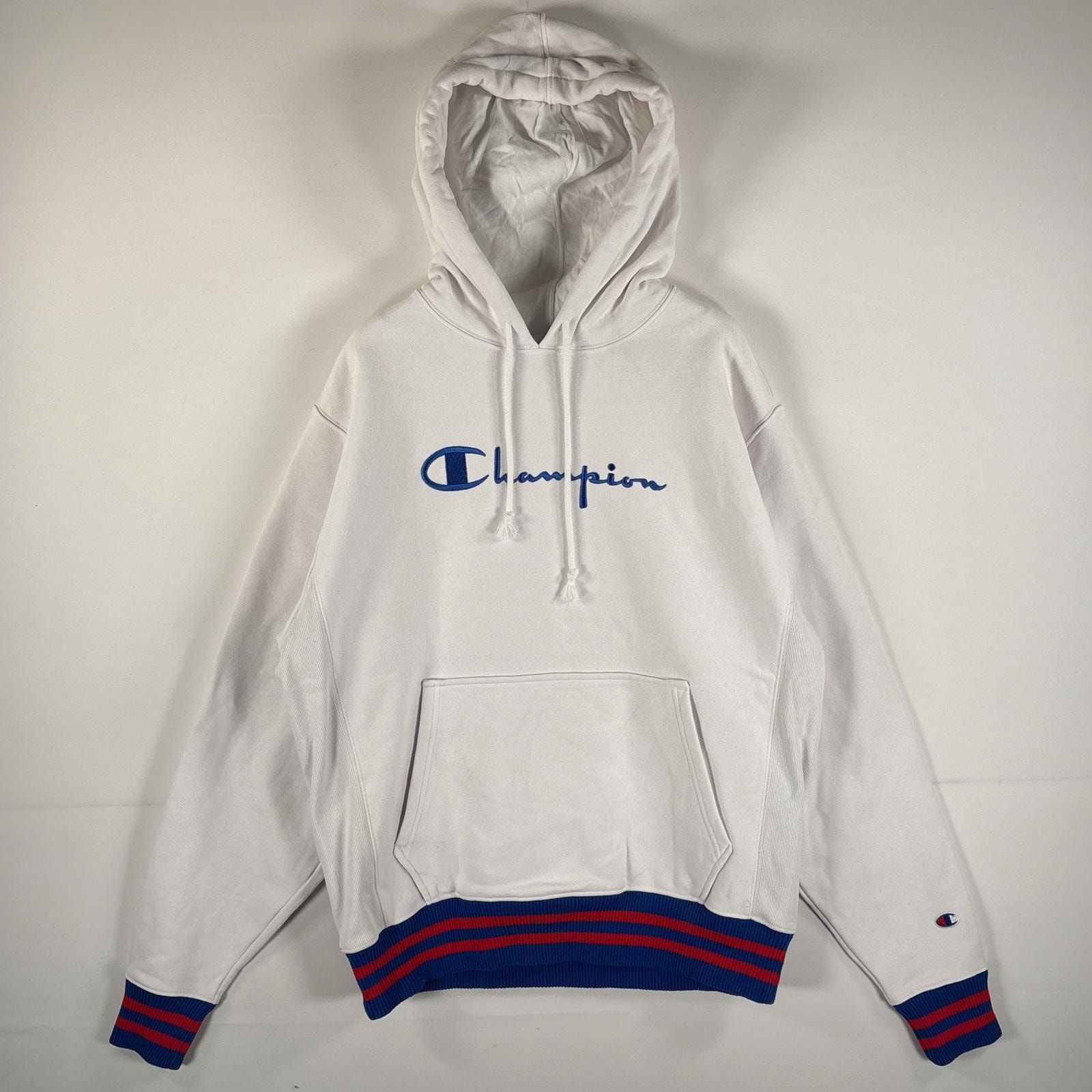 古着 チャンピオン Champion パーカー リバースウィーブ ビッグロゴ 復刻 マフポケット MEDIUM(JPN XL)  ホワイト メンズ