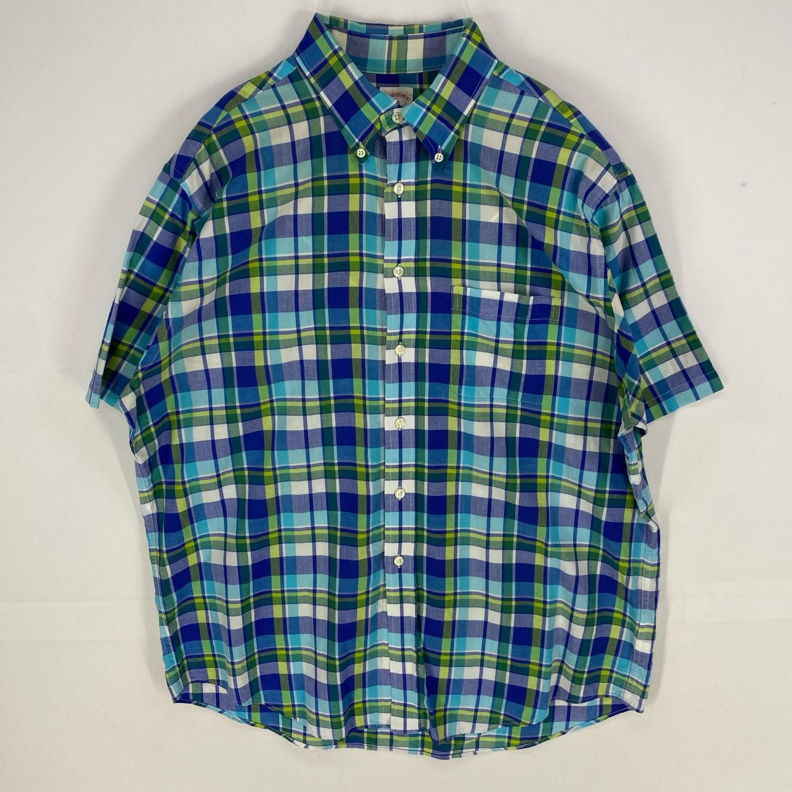 古着 ブルックスブラザーズ Brooks Brothers 半袖シャツ ボタンダウン 胸ポケット 346 L  ブルー系 チェック メンズ