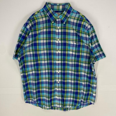 古着 ブルックスブラザーズ Brooks Brothers 半袖シャツ ボタンダウン 胸ポケット 346 L ブルー系 チェック メンズ