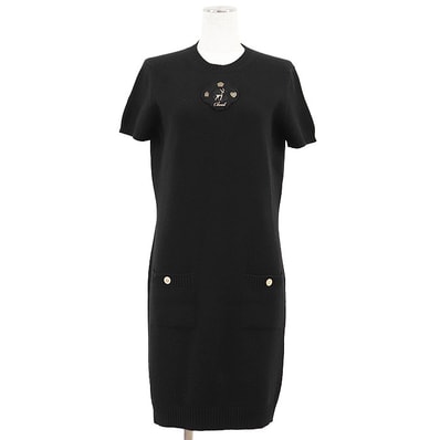 【美品】CHANEL シャネル ワンピース 09A P36450 レディース サイズ 40 カメリアアイコン ワッペン メッシュ ハート トナカイ 香水瓶 COCOマーク カシミヤ100% ショートスリーブ ブラック 黒 イギリス製 カール・ラガーフェルド期