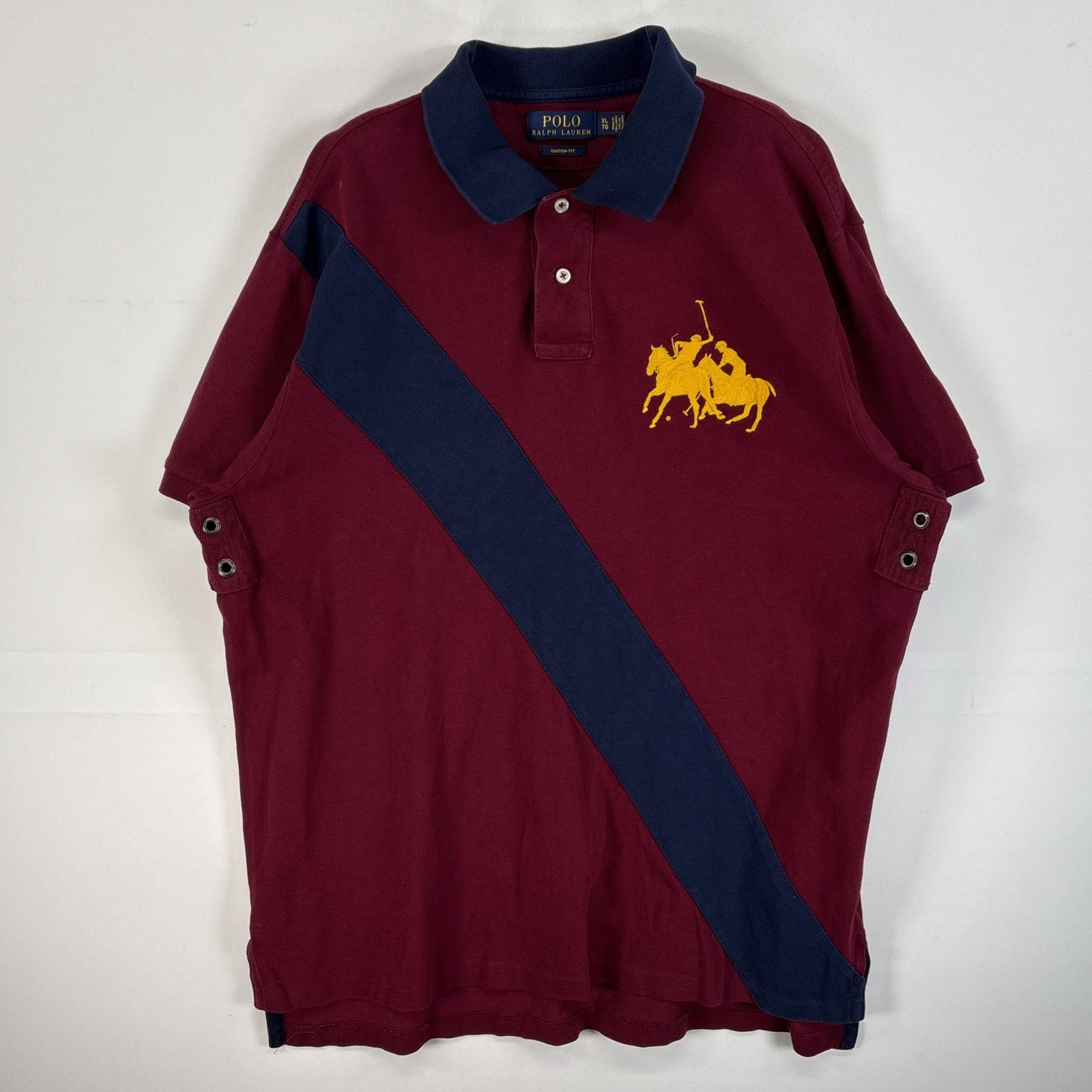古着 ポロ・ラルフローレン POLO RALPH LAUREN 鹿の子 半袖 ポロシャツ 2ホース 刺繍 大きいサイズ 2ボタン XL  ワインレッド ツートン メンズ