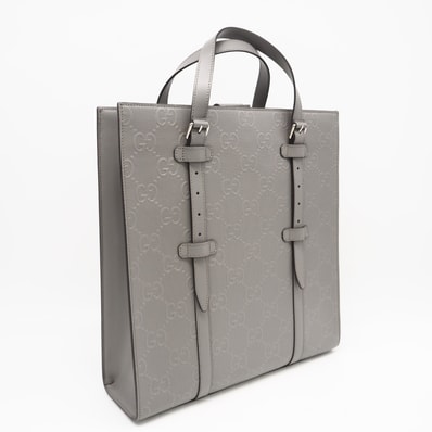 極美品 GUCCI グッチ GGエンボス レザー トートバッグ 700421 ハンドバッグ グレー レザー メンズ