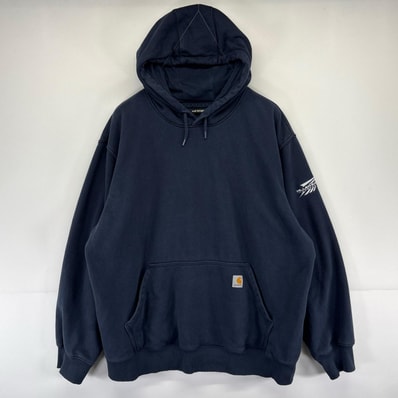古着 カーハート Carhartt パーカー ワンポイント 大きいサイズ 刺繍 スウェット プルオーバー 企業ロゴ 2XL ネイビー系 メンズ