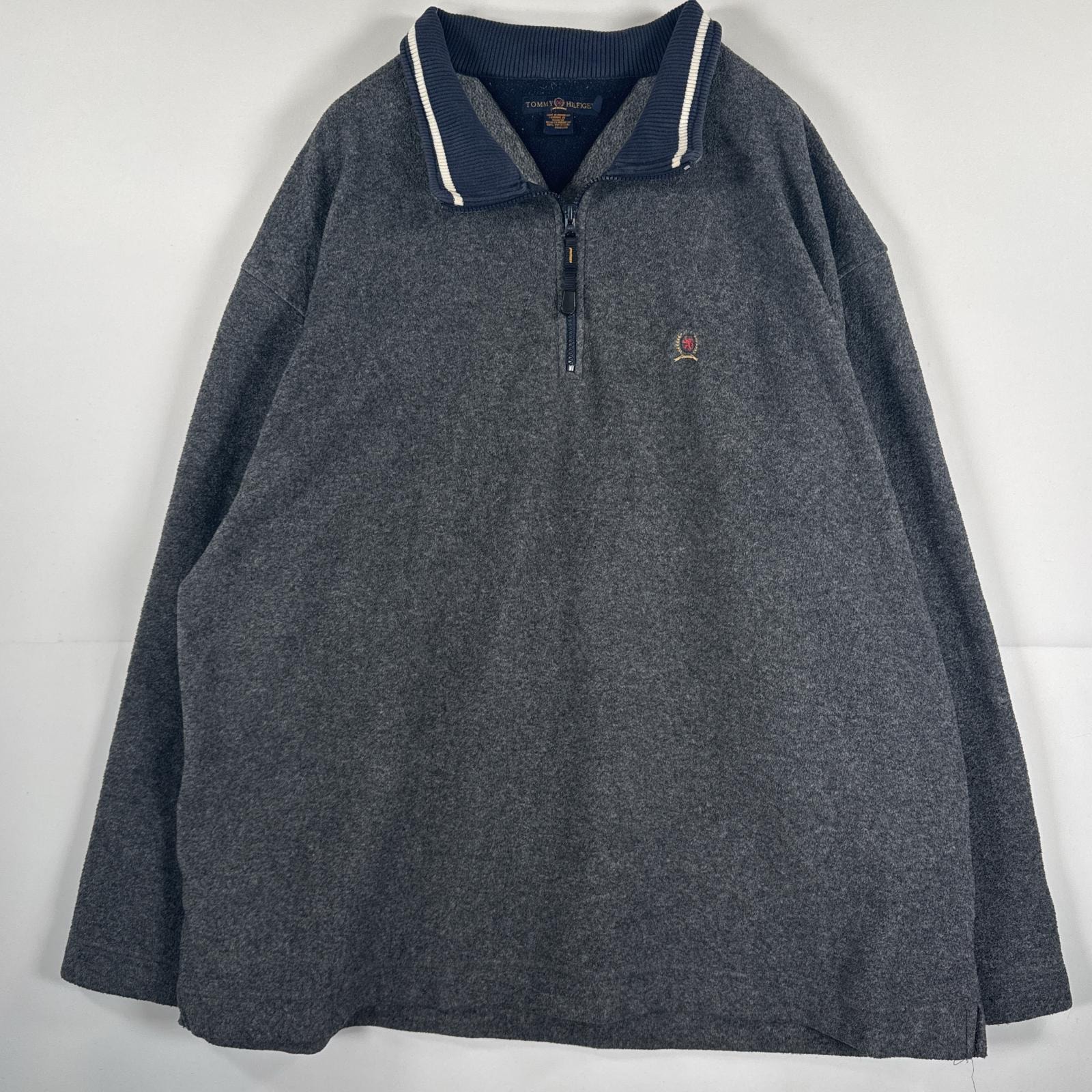 古着 トミーヒルフィガー TOMMY HILFIGER 長袖 フリースジャケット ハーフジップ ワンポイント トレーナー プルオーバー 大きいサイズ 4XL  グレー メンズ
