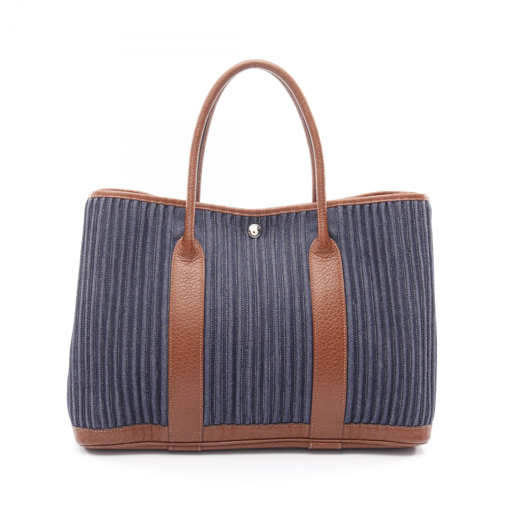 エルメス HERMES ガーデンパーティPM ブルーインディゴ マロン トートバッグ バッグ トワルデニムカヌレ / ブッフルスキッパー □L刻印(2008年製造) レディース ネイビー系 / ブラウン系 【中古】