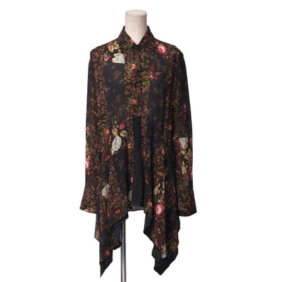 ■美品■TAKESHI KOSAKA by Y's Pink Label タケシコサカ バイ ワイズ ピンクレーベル ブラウス サイズ2 変形 シンメトリー シアー 花 総柄 長袖 シャツ ブランド古着【中古】20250924/RA6136