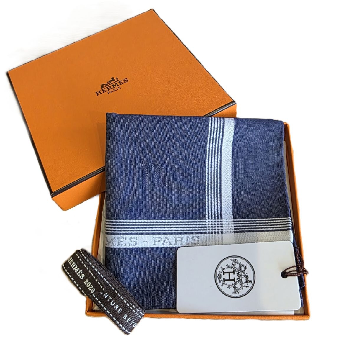 HERMES エルメス ハンカチーフ ジャカード 《Hレリーフ》 ハンカチ H202045G 01 コットン ネイビー メンズ【中古】