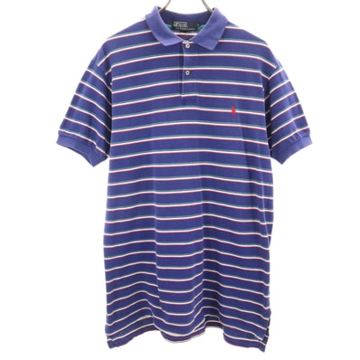 Polo by Ralph Lauren ポロバイラルフローレン 90s USA製 オールド ボーダー柄 半袖 ポロシャツ L ブルー 鹿の子