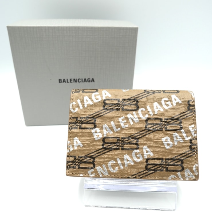 BALENCIAGA(バレンシアガ)ロゴ ペーパーミニ 三つ折り財布 コンパクトウォレット BBロゴ ブラウン レザー ゴールド金具 594312【中古】