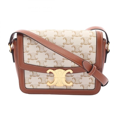 セリーヌ CELINE ティーン トリオンフ ショルダーバッグ バッグ PVCコーティングキャンバス レザー レディース ホワイト系 / ベージュ系 / ブラウン系 188882BZ4 【中古】