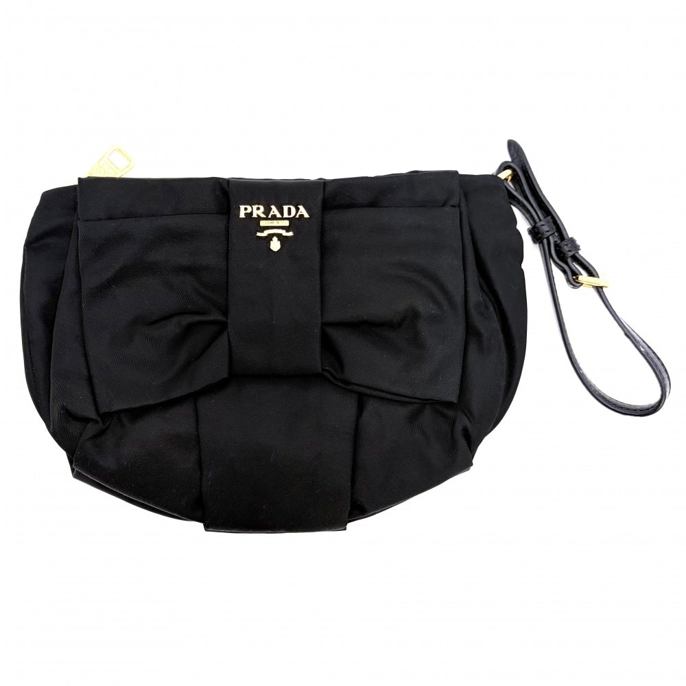 PRADA プラダ ポーチ リボン 1N1422 ナイロン ブラック 黒 ゴールド金具 レディース【中古品】