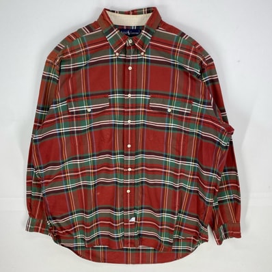 古着 ラルフローレン RALPH LAUREN 長袖シャツ ボタンダウン 胸ポケット ロングスリーブ XL レッド系 チェック メンズ